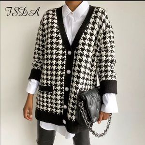 Black and white houndstooth cardigan.